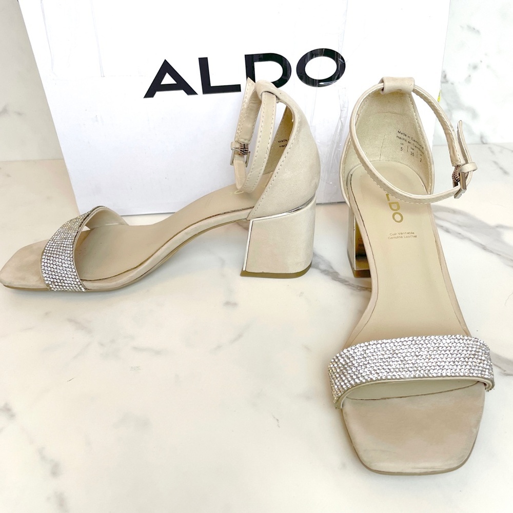 Aldo Kedeaviel Strappy Heeled OpenToe Sandals Metallic Silver Rhinestone Beige 5 - Picture 3 of 11
